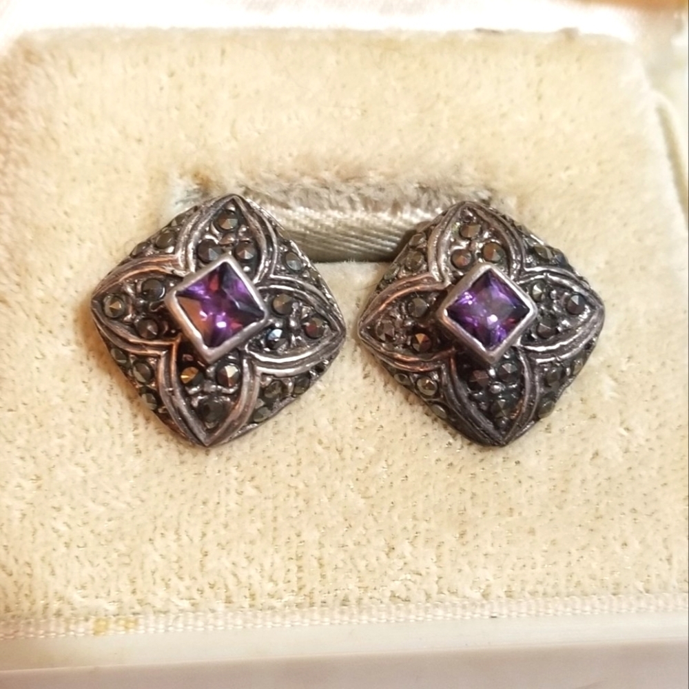 VTG Amethyst Marcasite Sterling Silver Domed Square Earrings